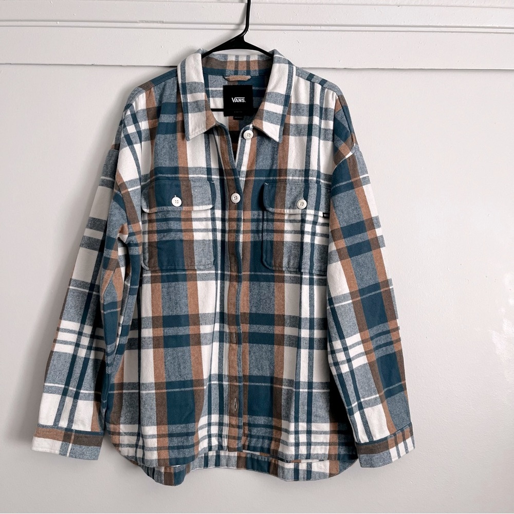 NWT Womens Vans Eliza Size XL Blue, Tan, White Plaid Button Down Shirt Jacket